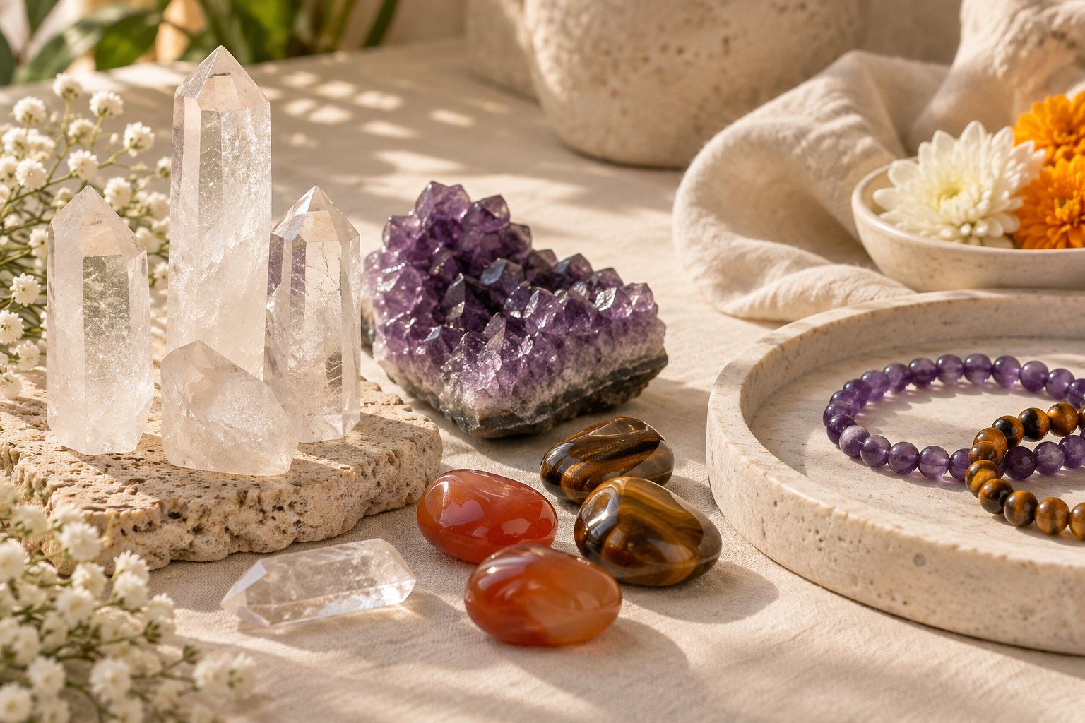 Natural crystals including quartz, amethyst, carnelian and tiger eye arranged on ivory linen