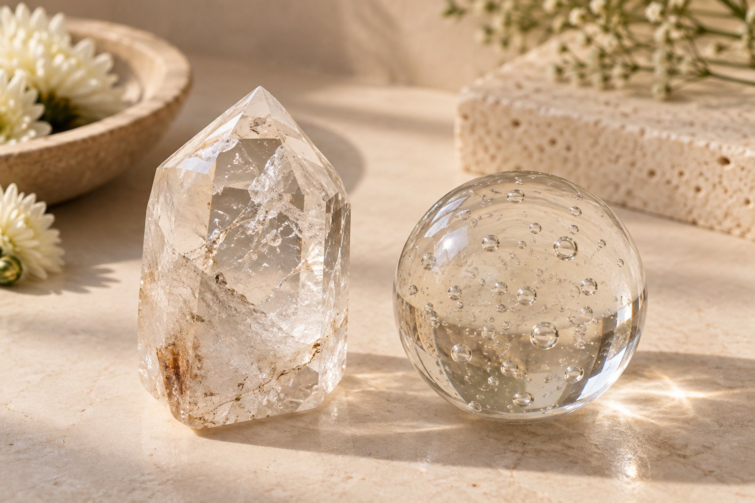 Quartz inclusions and bubbles in a glass imitation shown in close-up