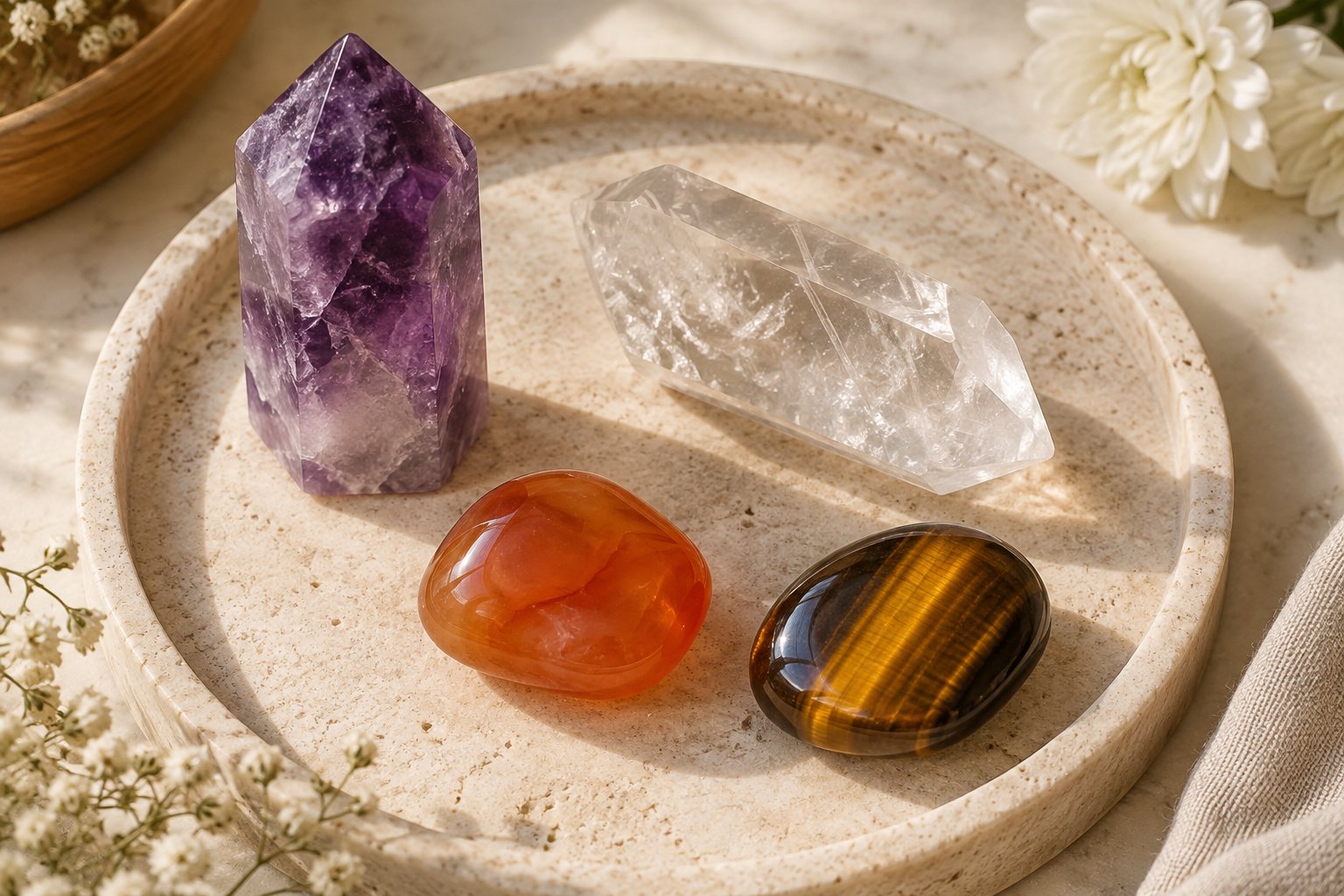 Amethyst, clear quartz, carnelian and tiger eye displayed for visual comparison