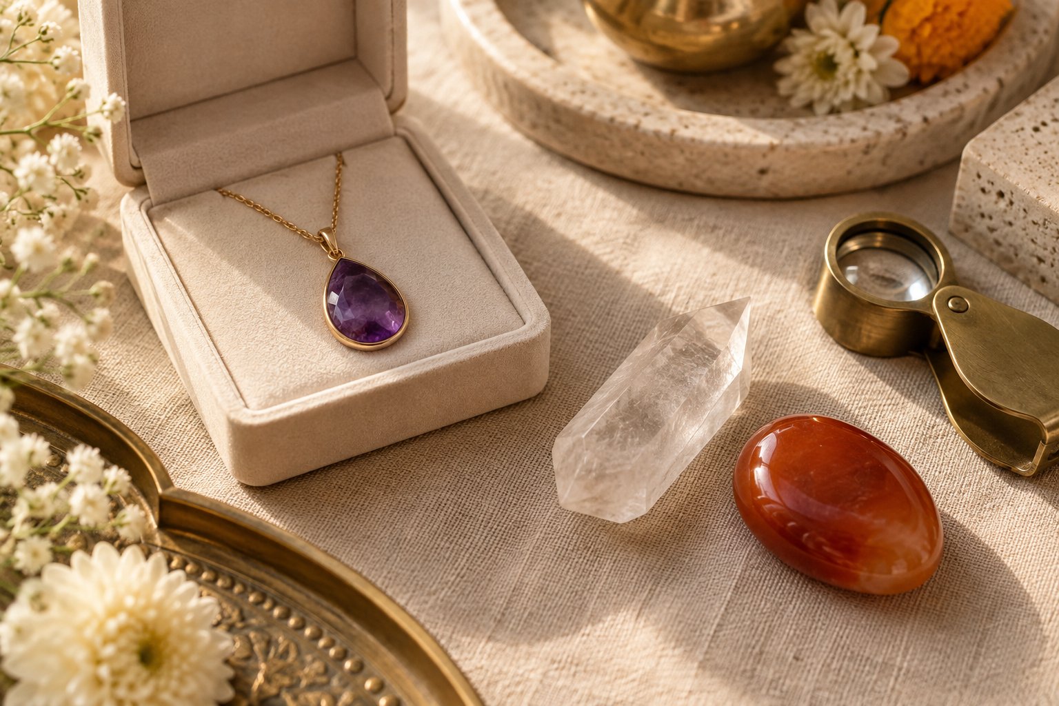 Crystal jewellery and loose stones beside a loupe for non-destructive inspection