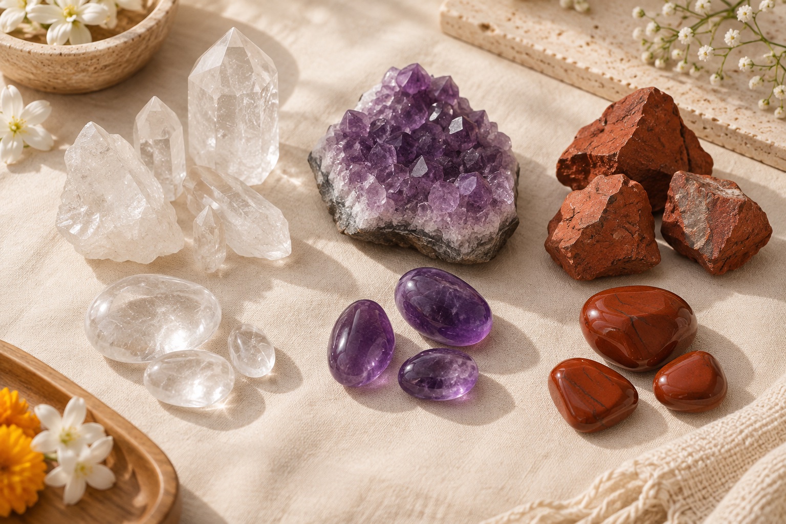 Raw vs polished crystals displayed side by side on ivory linen