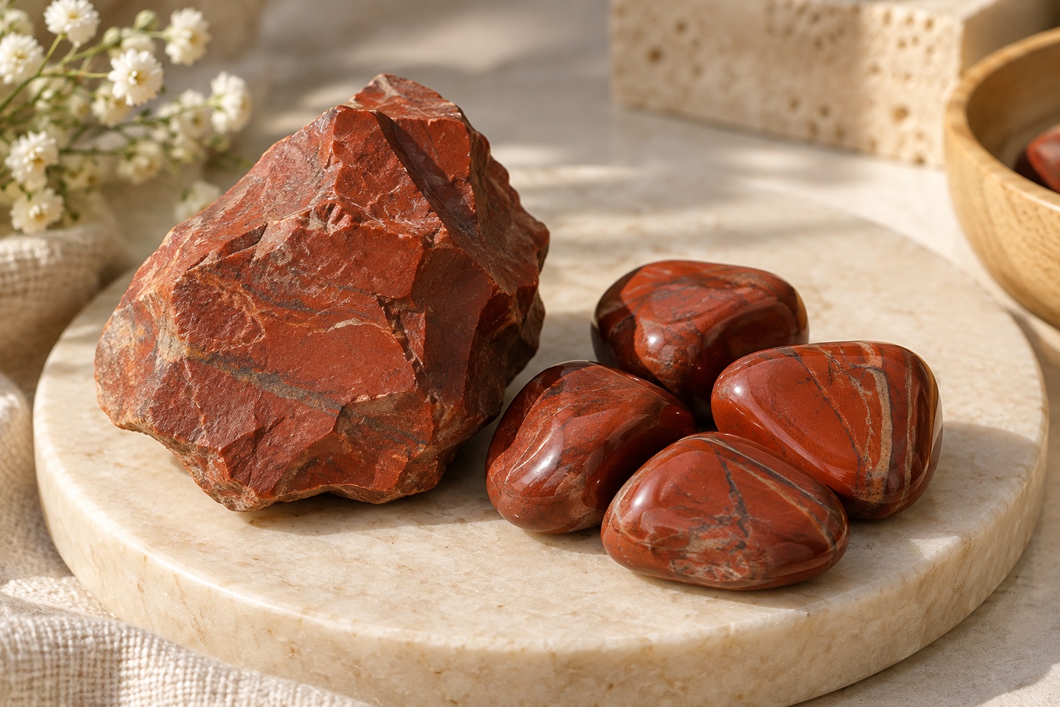 Raw red jasper beside polished red jasper showing differences in texture and lustre