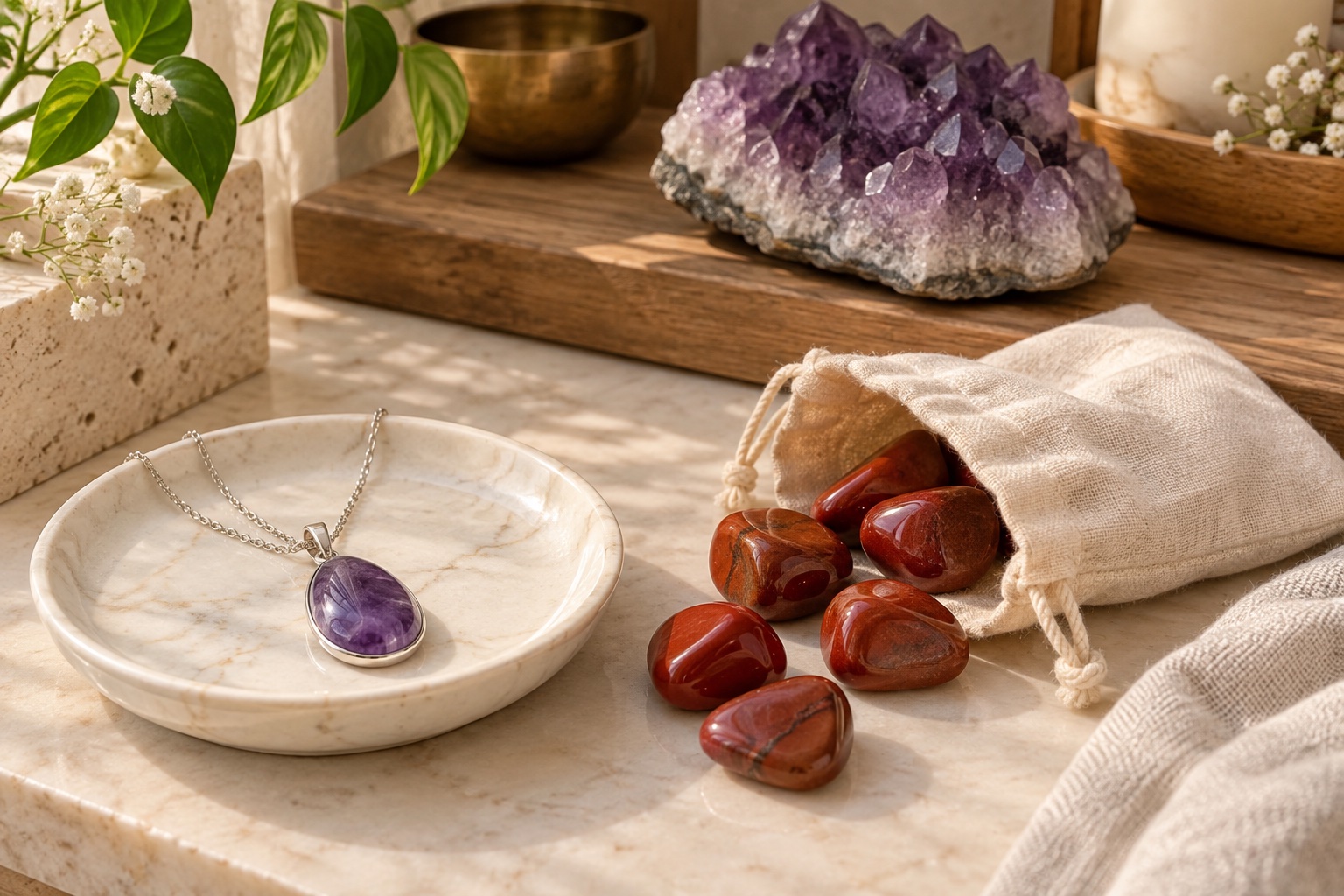 Amethyst jewellery, tumbled red jasper and a raw amethyst cluster styled for different uses