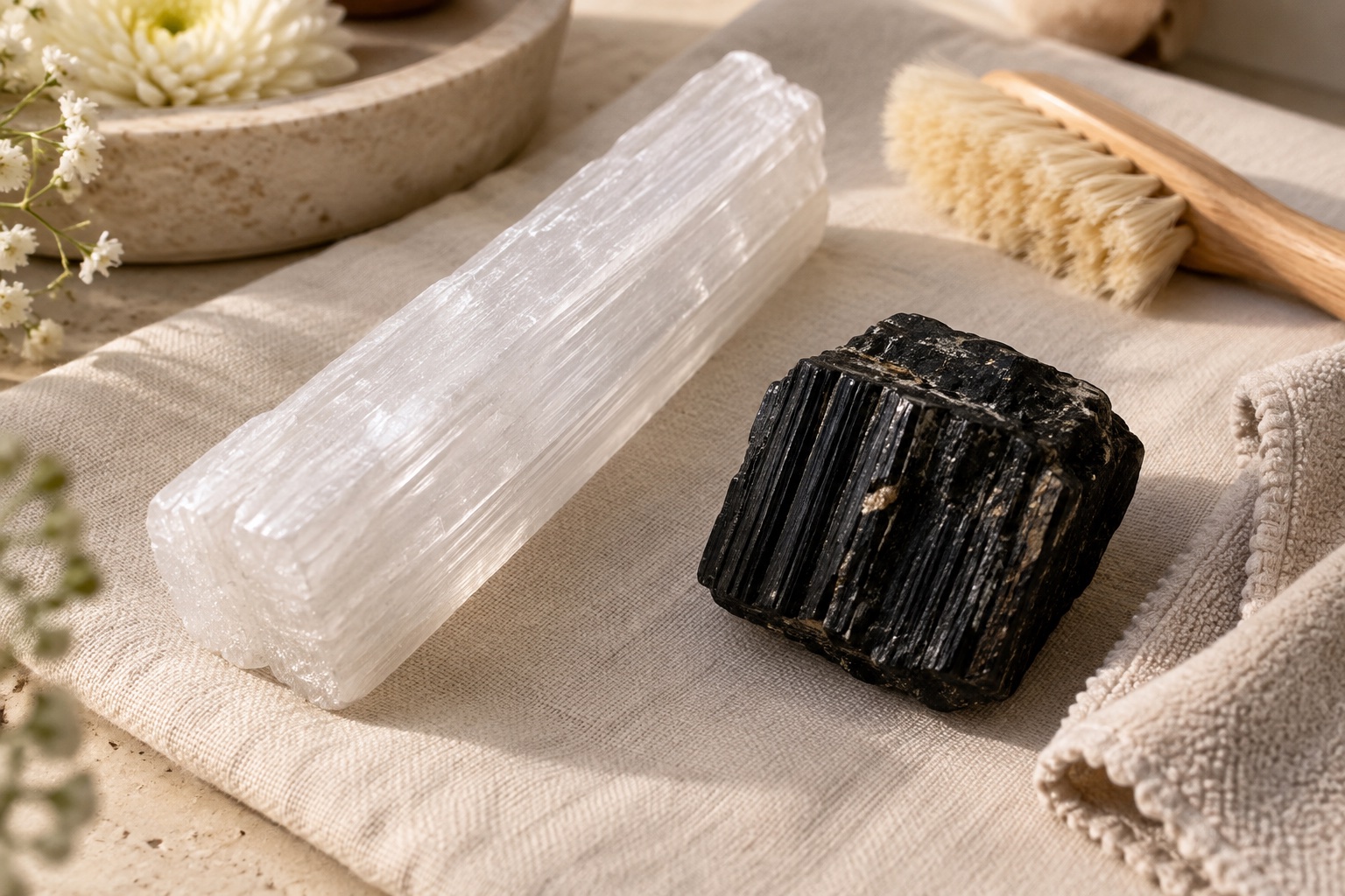 Raw selenite and black tourmaline beside a soft brush and dry cloth